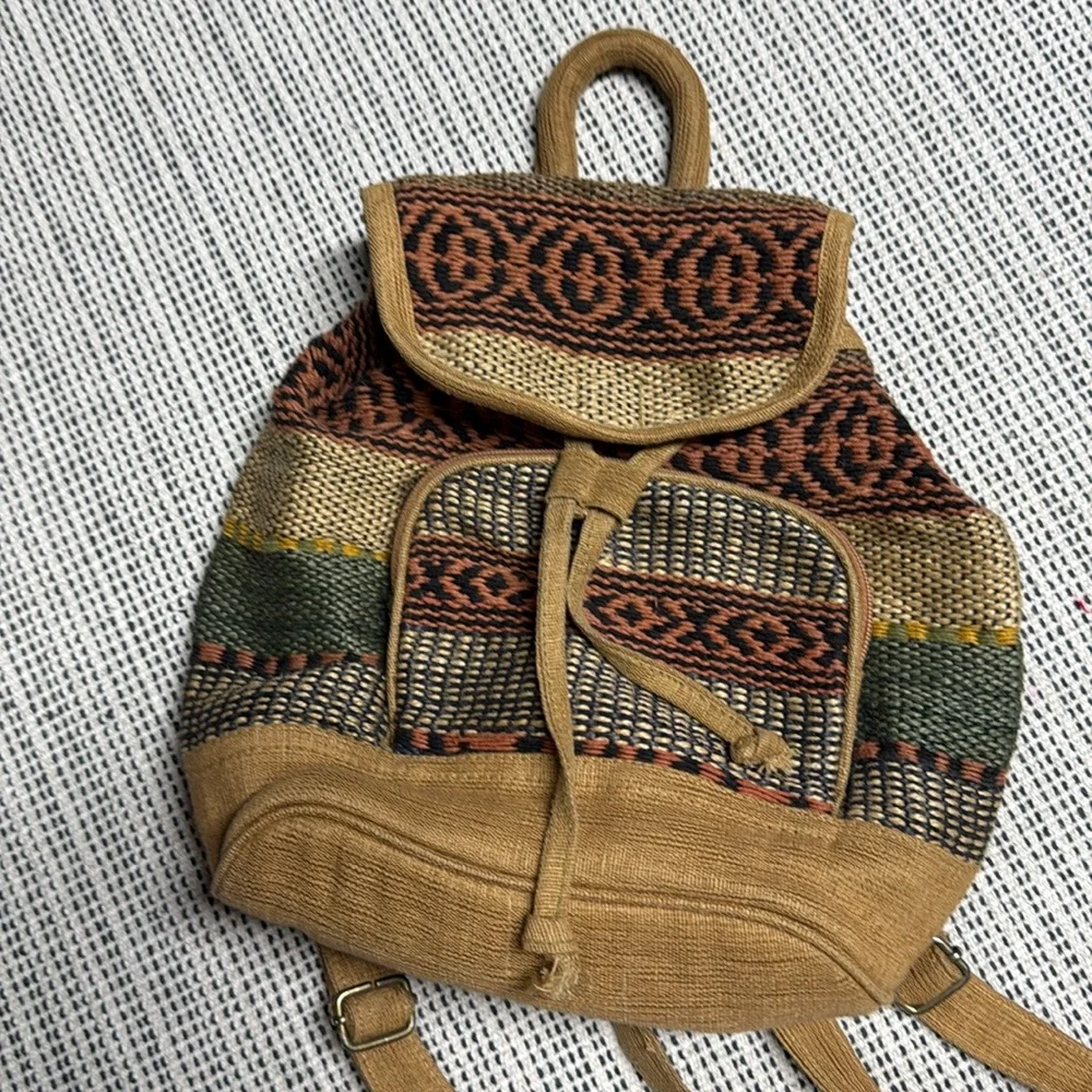 Bohemian woven printed natural Tan and Brown Backpack small